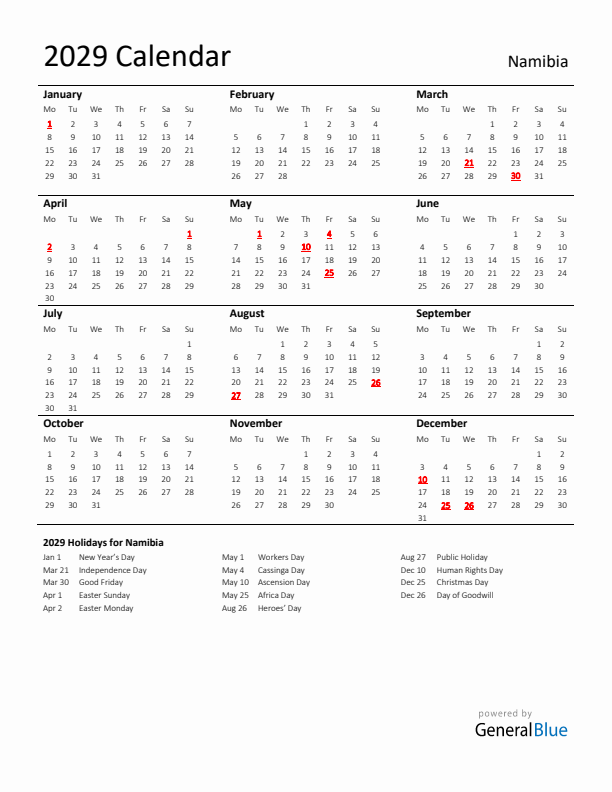 Standard Holiday Calendar for 2029 with Namibia Holidays 