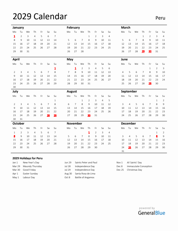 Standard Holiday Calendar for 2029 with Peru Holidays 