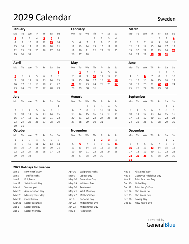 Standard Holiday Calendar for 2029 with Sweden Holidays 