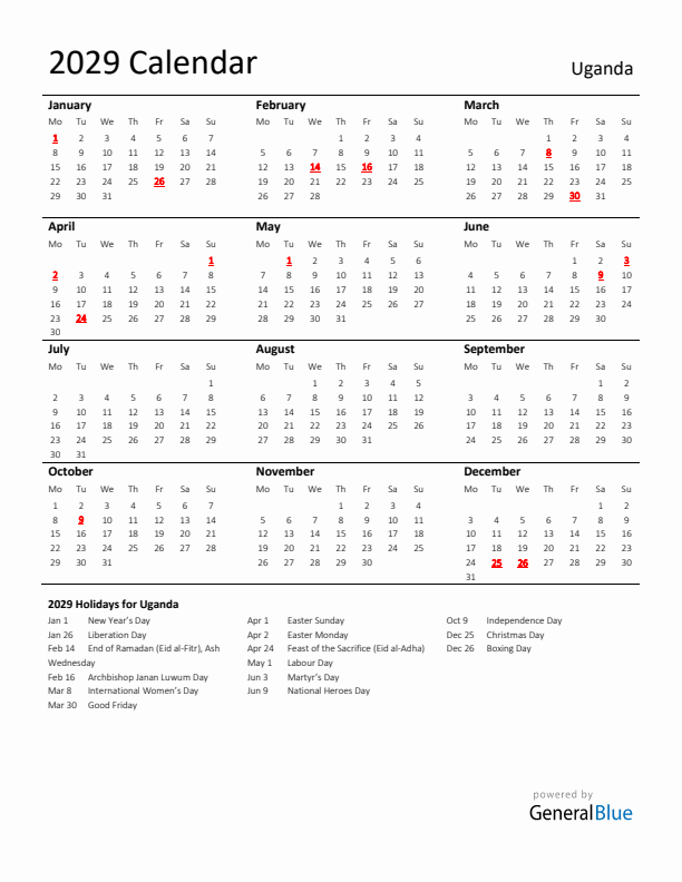 Standard Holiday Calendar for 2029 with Uganda Holidays 