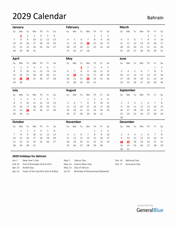 Standard Holiday Calendar for 2029 with Bahrain Holidays 