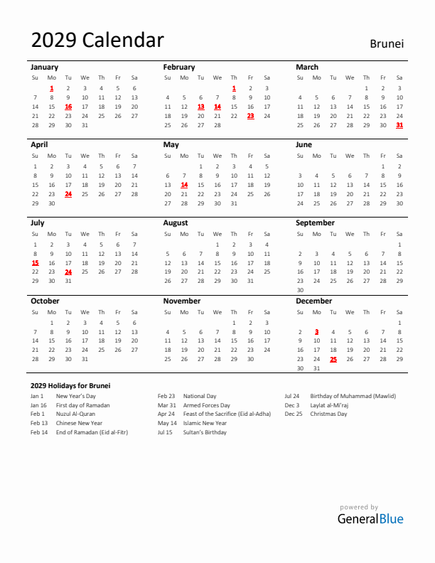 Standard Holiday Calendar for 2029 with Brunei Holidays 