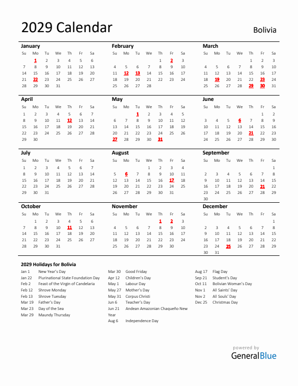 Standard Holiday Calendar for 2029 with Bolivia Holidays 