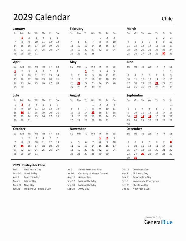 Standard Holiday Calendar for 2029 with Chile Holidays 