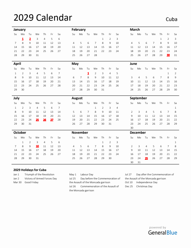 Standard Holiday Calendar for 2029 with Cuba Holidays 