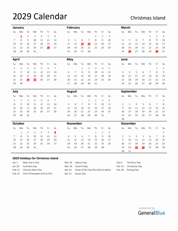 Standard Holiday Calendar for 2029 with Christmas Island Holidays 