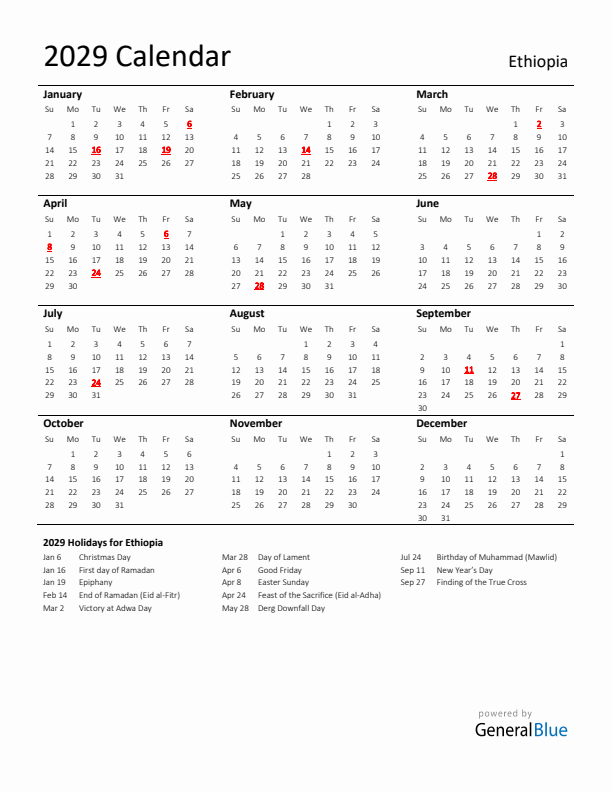 Standard Holiday Calendar for 2029 with Ethiopia Holidays 