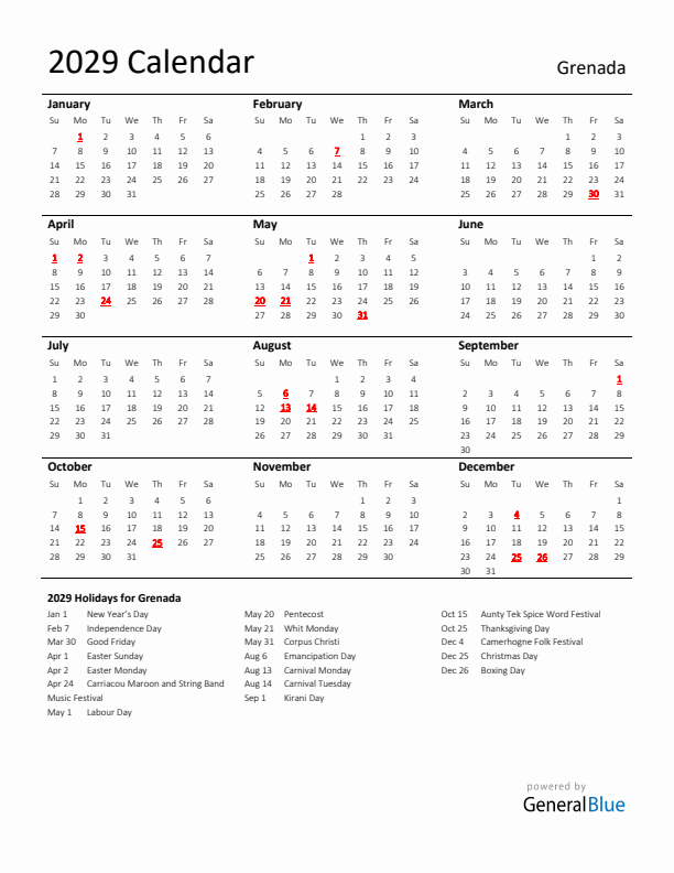 Standard Holiday Calendar for 2029 with Grenada Holidays 