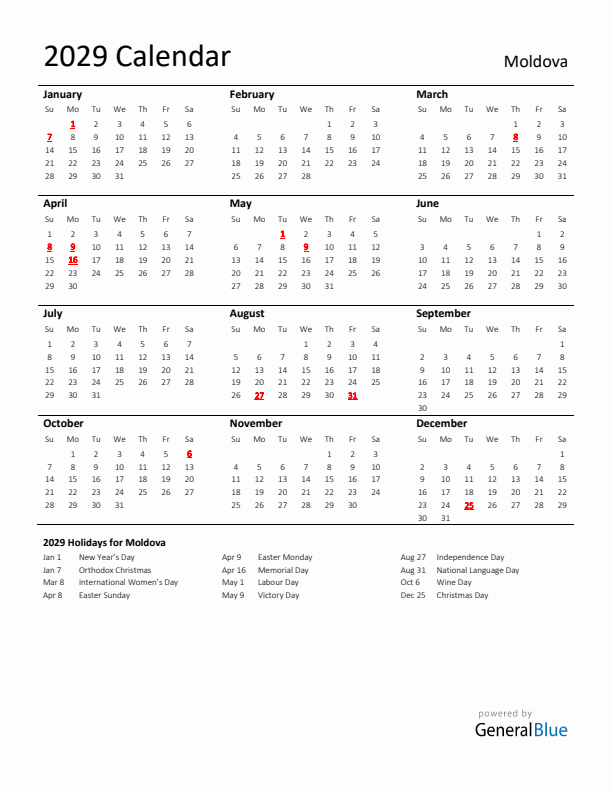 Standard Holiday Calendar for 2029 with Moldova Holidays 