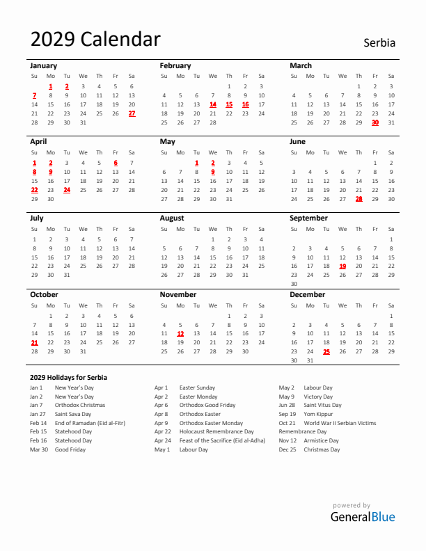 Standard Holiday Calendar for 2029 with Serbia Holidays 