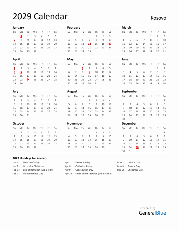 Standard Holiday Calendar for 2029 with Kosovo Holidays 