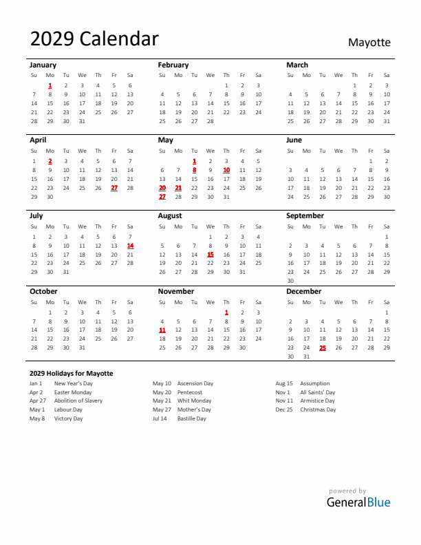 Standard Holiday Calendar for 2029 with Mayotte Holidays 