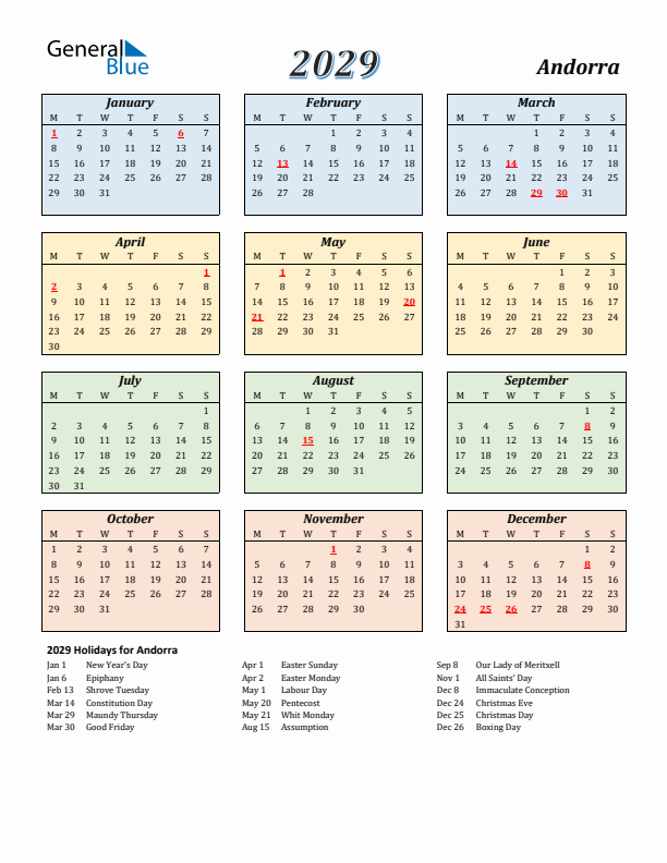 Andorra Calendar 2029 with Monday Start