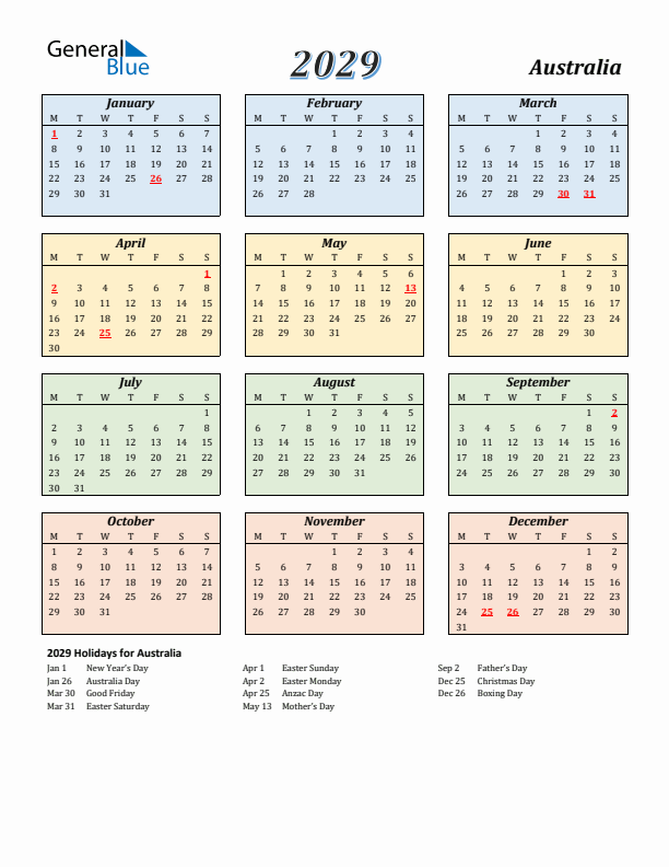 Australia Calendar 2029 with Monday Start