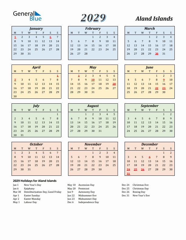 Aland Islands Calendar 2029 with Monday Start