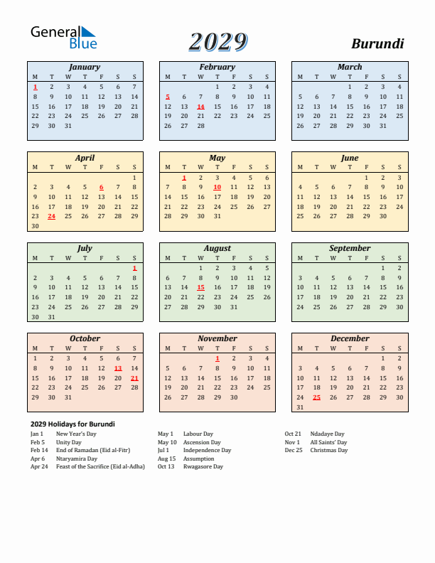 Burundi Calendar 2029 with Monday Start