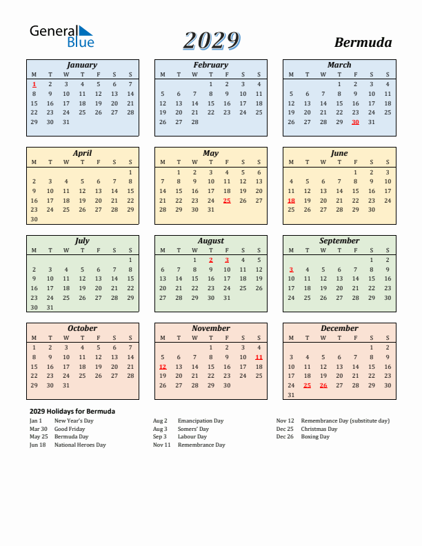 Bermuda Calendar 2029 with Monday Start