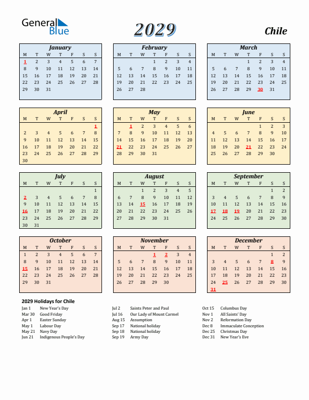 Chile Calendar 2029 with Monday Start