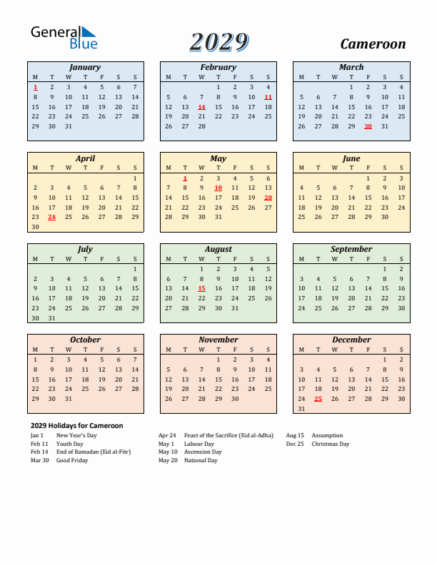 Cameroon Calendar 2029 with Monday Start