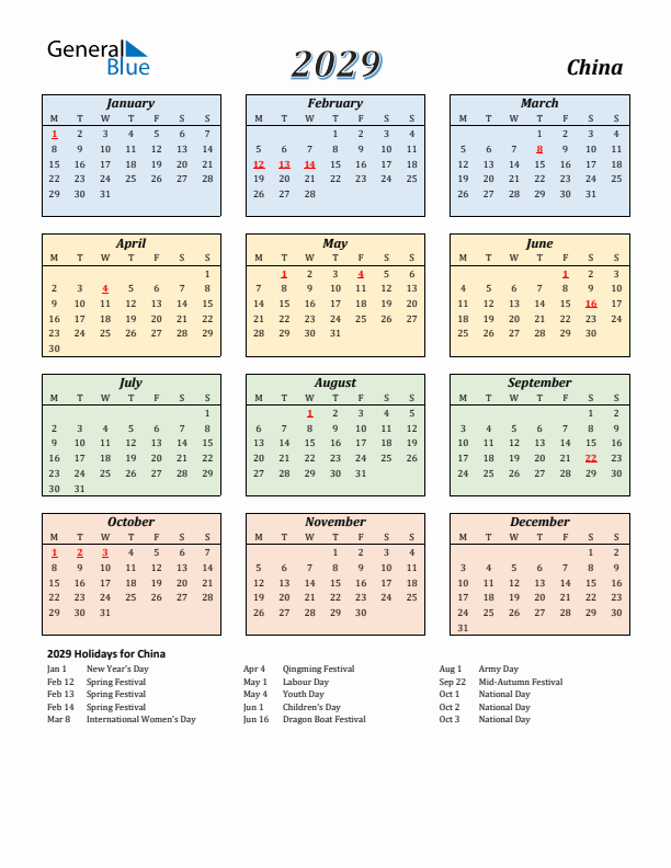 China Calendar 2029 with Monday Start