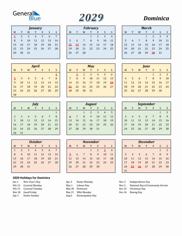 Dominica Calendar 2029 with Monday Start