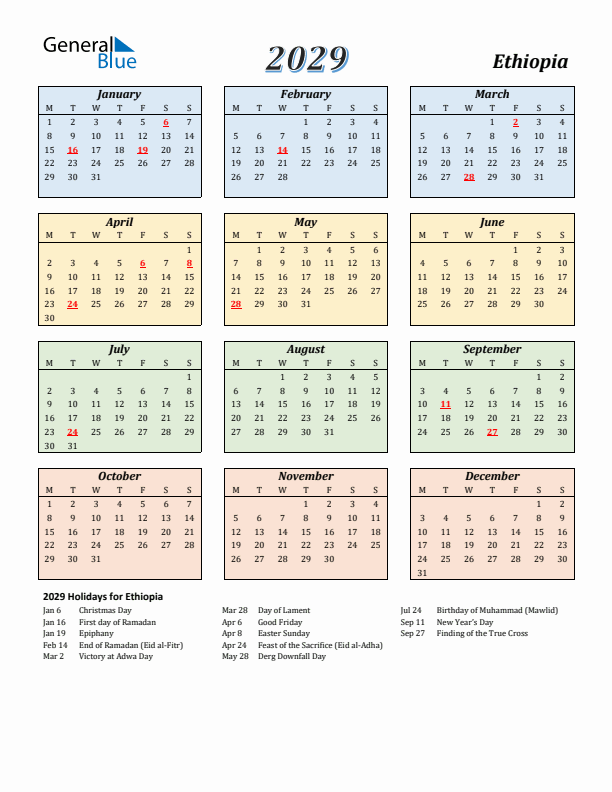 Ethiopia Calendar 2029 with Monday Start