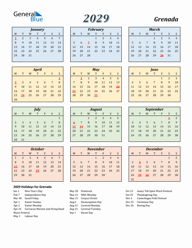 Grenada Calendar 2029 with Monday Start