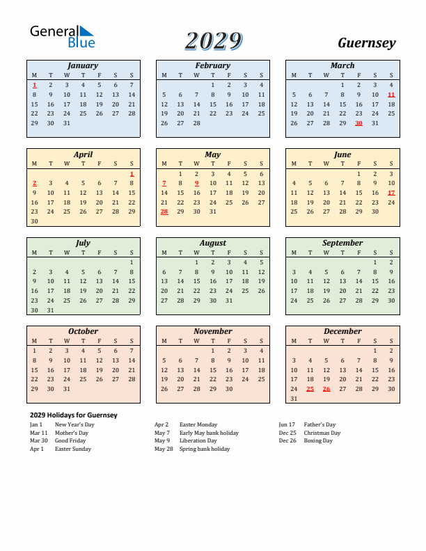 Guernsey Calendar 2029 with Monday Start