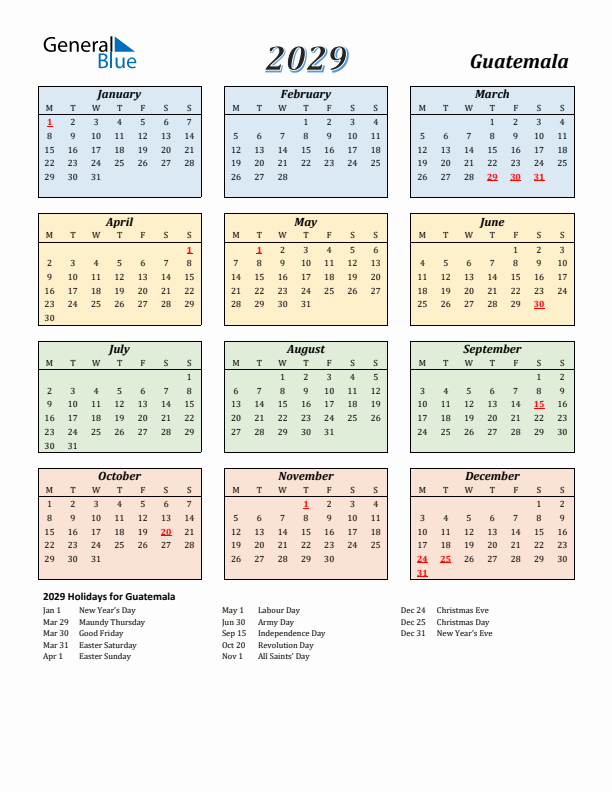 Guatemala Calendar 2029 with Monday Start