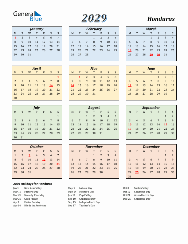 Honduras Calendar 2029 with Monday Start