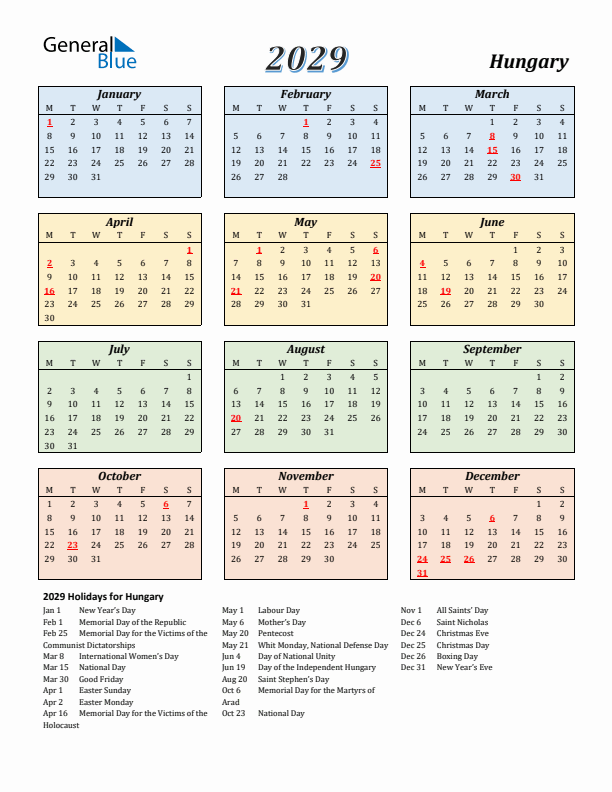 Hungary Calendar 2029 with Monday Start