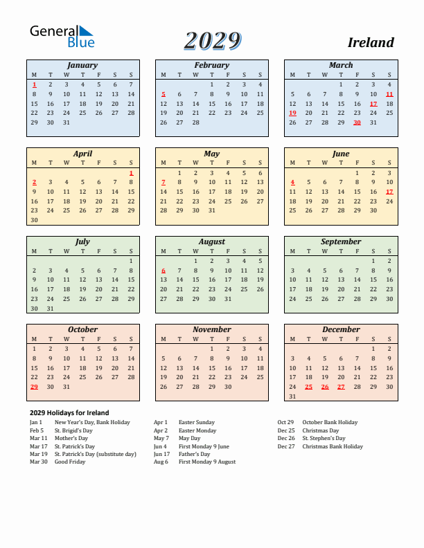 Ireland Calendar 2029 with Monday Start