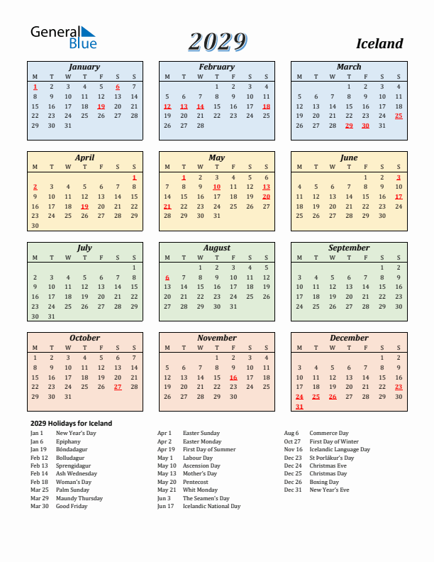 Iceland Calendar 2029 with Monday Start