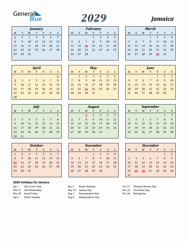 Jamaica Calendar 2029 with Monday Start