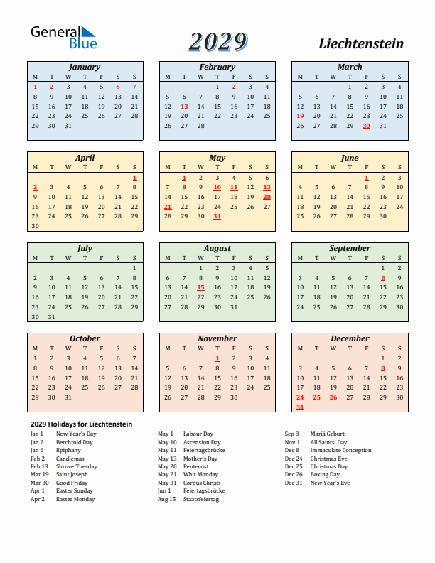 Liechtenstein Calendar 2029 with Monday Start