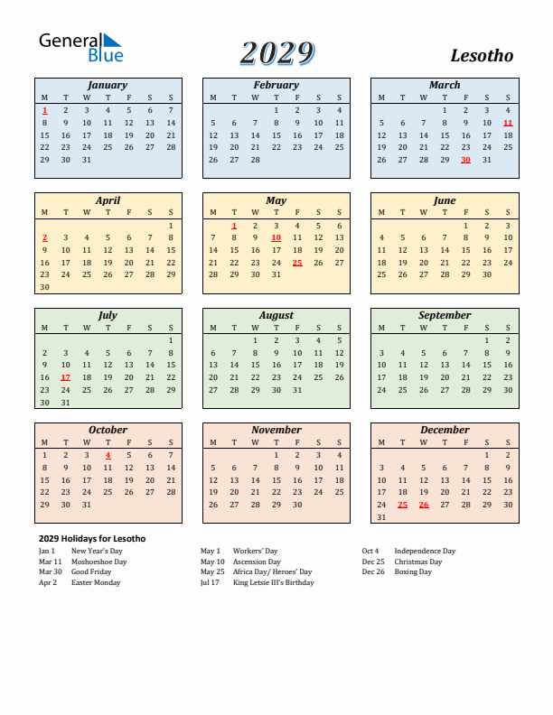 Lesotho Calendar 2029 with Monday Start