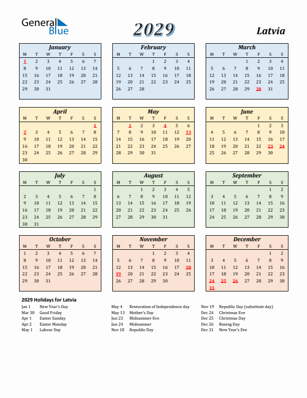 Latvia Calendar 2029 with Monday Start