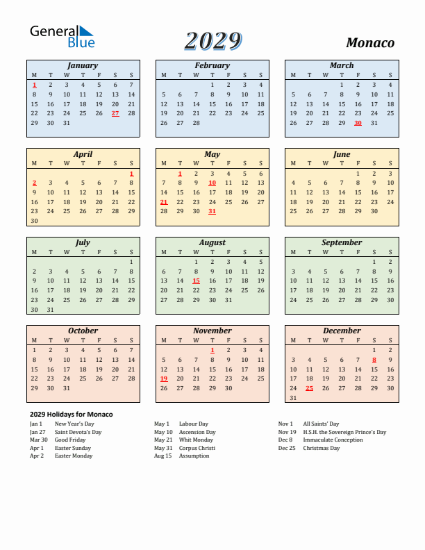 Monaco Calendar 2029 with Monday Start