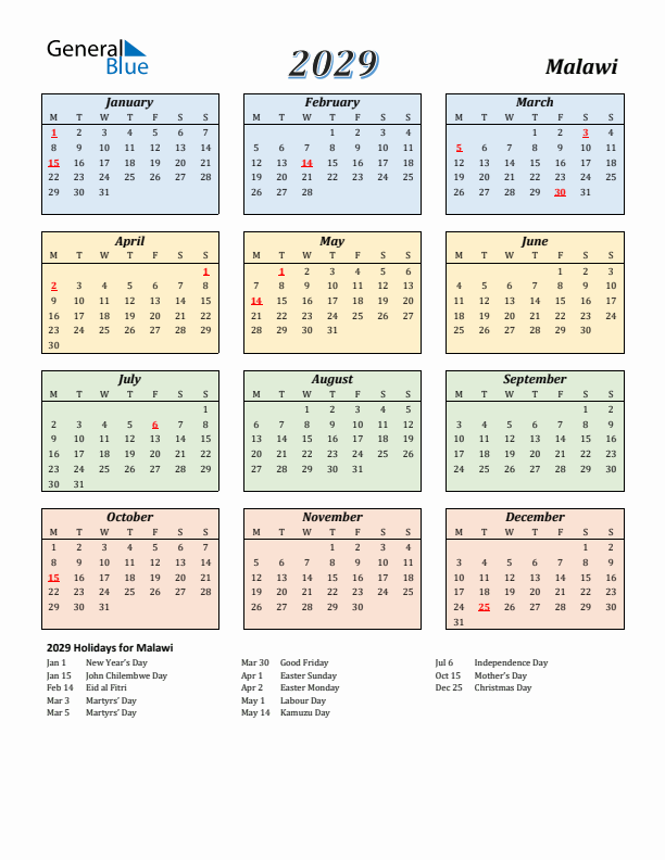 Malawi Calendar 2029 with Monday Start