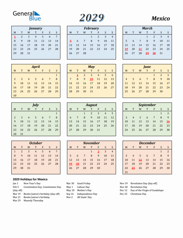 Mexico Calendar 2029 with Monday Start