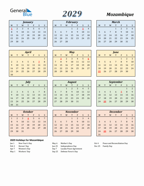 Mozambique Calendar 2029 with Monday Start