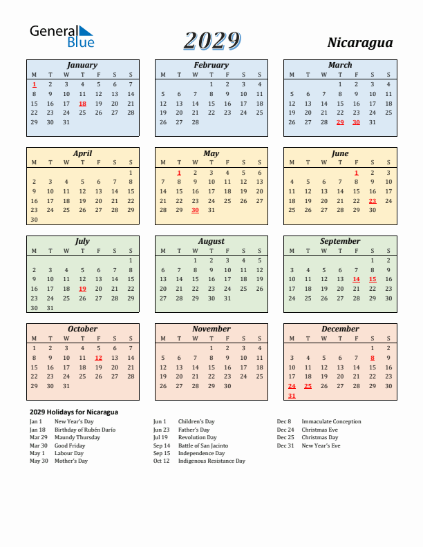 Nicaragua Calendar 2029 with Monday Start