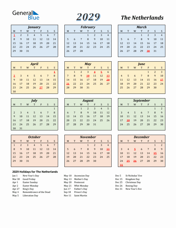 The Netherlands Calendar 2029 with Monday Start