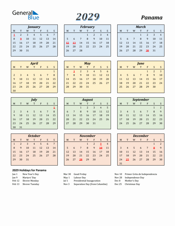 Panama Calendar 2029 with Monday Start