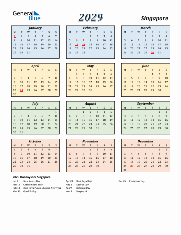 Singapore Calendar 2029 with Monday Start