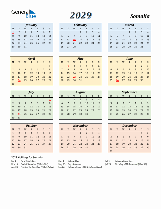 Somalia Calendar 2029 with Monday Start