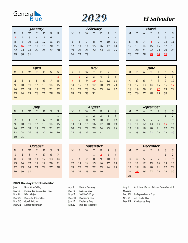 El Salvador Calendar 2029 with Monday Start