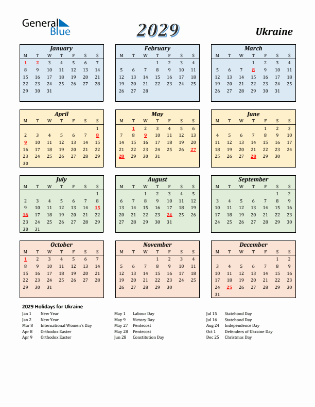 Ukraine Calendar 2029 with Monday Start