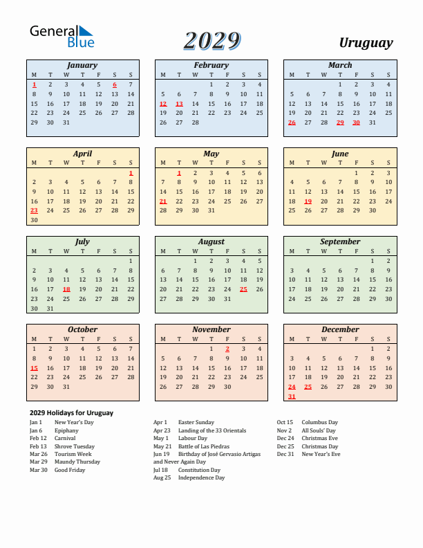 Uruguay Calendar 2029 with Monday Start