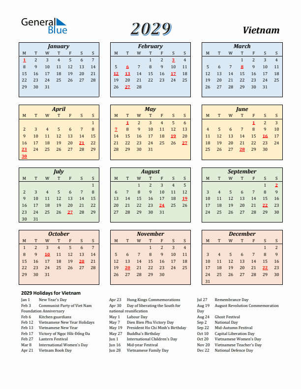 Vietnam Calendar 2029 with Monday Start